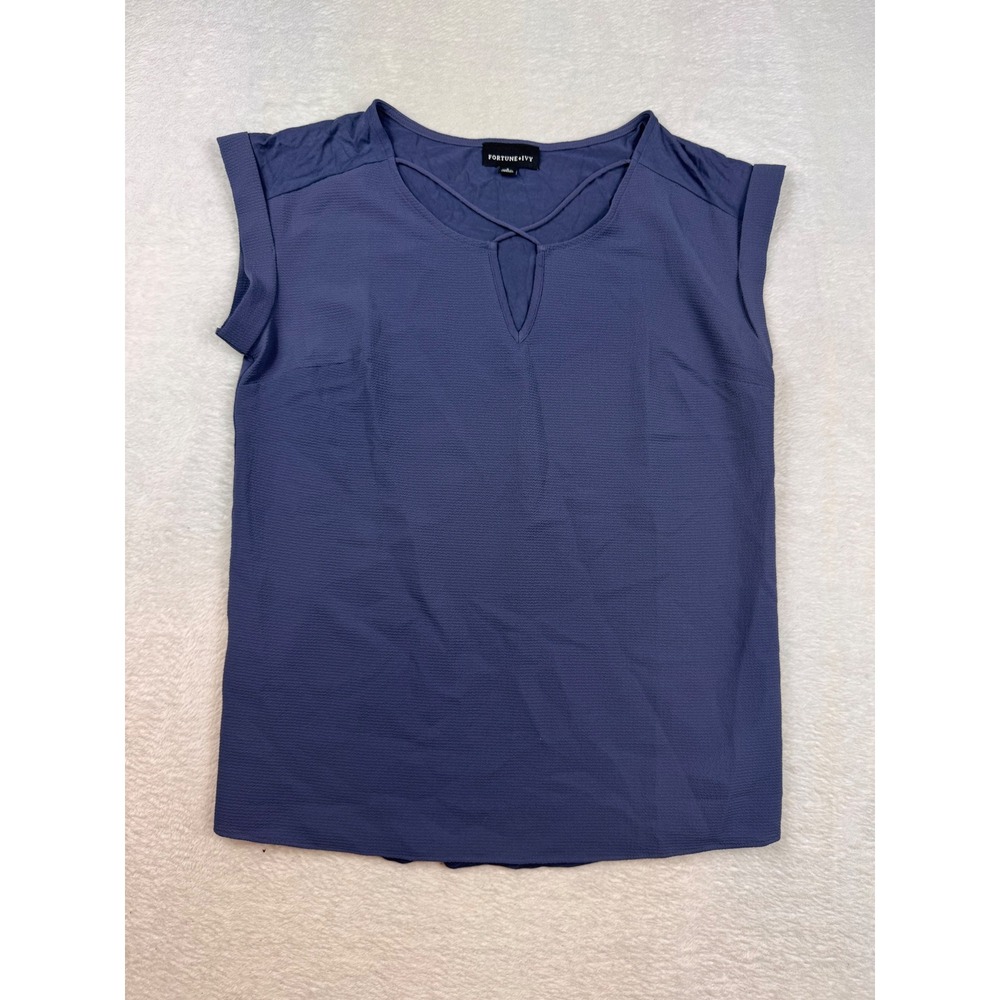 Fortune + Ivy Womens Blue Keyhole Strappy Neck Mixed Media Blouse Small